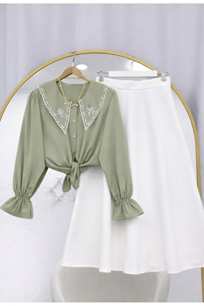 MODA VEDAT Γυναικείο πουκάμισο με κεντημένο γιακά - Σετ με φούστα Puff Scuba ...