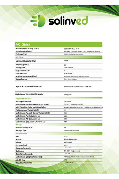 SOLİNVED 12 kW Gordion Serisi MPPT Off-Grid Inverter