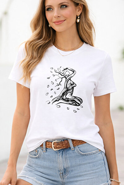 DAXİS Sportwear Company Women's Crew Neck Combed Cotton Tree Print T-Shirt