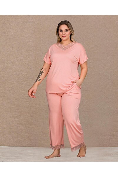 Lady Lingerie Σετ γυναικείες πιτζάμες με κοντά μανίκια και δαντέλα σε μεγάλο ...