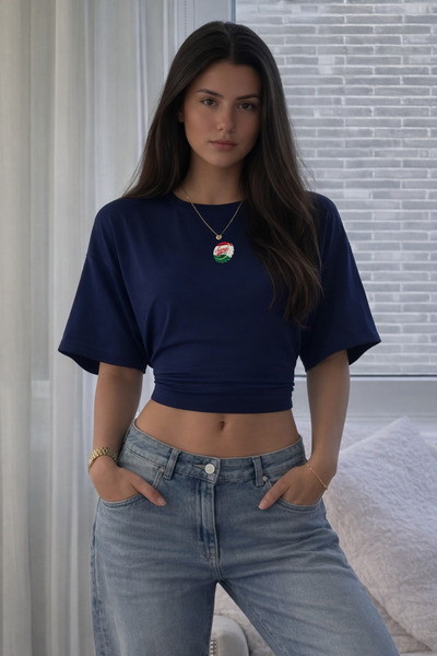 COMBİNE MİCHAİL Kadın Kapak Baskı Yazlık Lacivert Crop Bluz