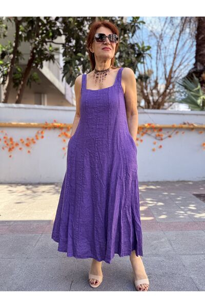 DenizEge Ιταλικό Αμάνικο Φόρεμα από Λινό με Τετράγωνο Γιακά Μωβ