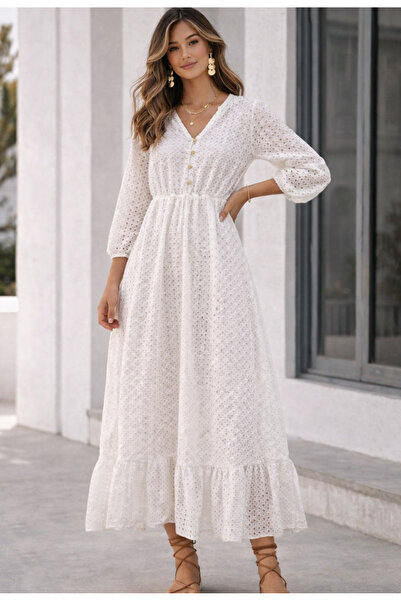 Nobrand Λευκό κεντημένο βαμβακερό μίντι φόρεμα με ελαστική μέση.