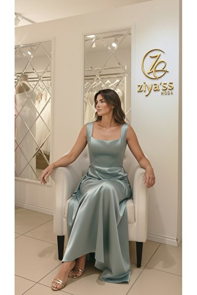 ZİYASSMODA ABİYE KARE YAKA YIRTMAÇLI SATEN ELBİSE