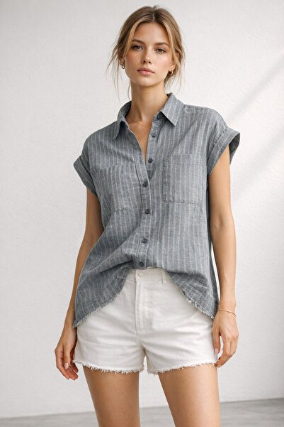 Polo State Γυναικείο πουκάμισο με λεπτό ύφασμα, ριγέ, κοντομάνικο, μπλε πράσινο