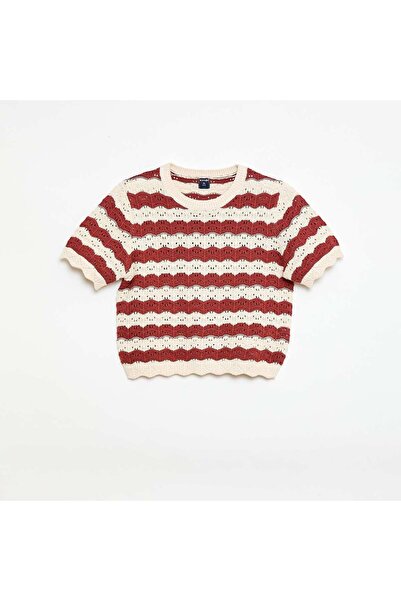 KIABI Crochet Short-Sleeve Sweater BROWN