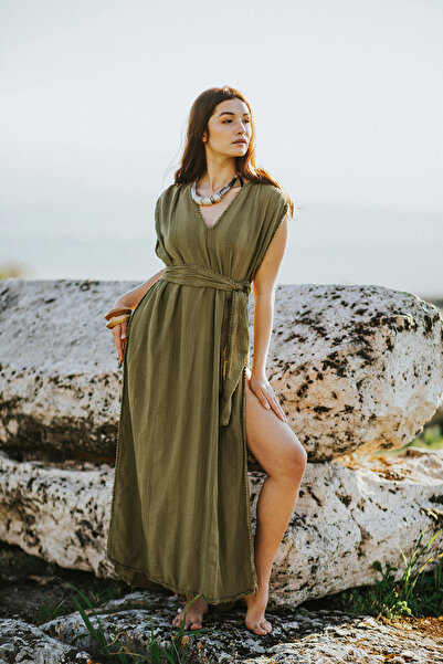 Mojo Summer Helen Nature %100 Pamuk Müslin Bohem Plaj Elbisesi