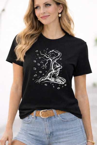 DAXİS Sportwear Company Women's Crew Neck Combed Cotton Tree Print T-Shirt