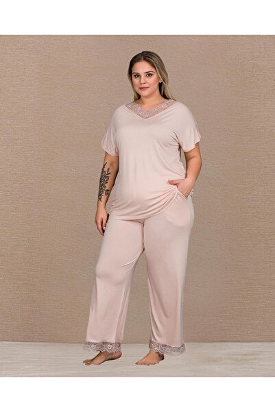 Lady Lingerie Σετ γυναικείες πιτζάμες με κοντά μανίκια και δαντέλα σε μεγάλο ...