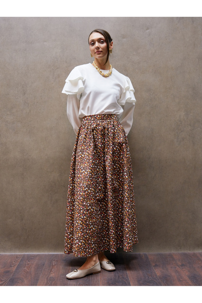KÜÇÜĞÜM BUTİK Καφέ φούστα ποπλίνα με φλοράλ σχέδιο