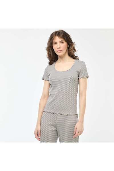 KIABI Solid Ribbed Knit Short-Sleeve T-Shirt BLUE