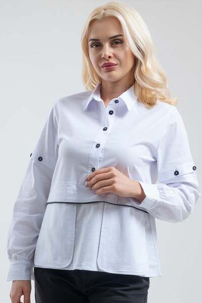 Bold & Young Γυναικείο λευκό πουκάμισο με τσέπες, μισό κουμπιά και λεπτομέρει...