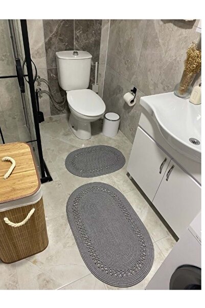 ERSU AHAT HOME DESİGN Jute Straw 2-Piece Bathroom Set Mat Set - Gray Tricot