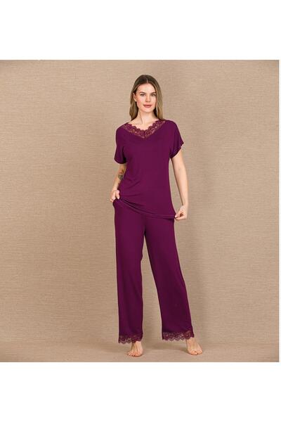 Lady Lingerie Σετ γυναικείες πιτζάμες με κοντά μανίκια και δαντέλα