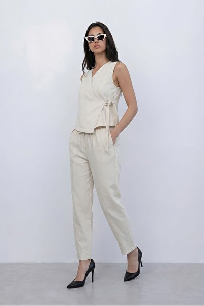 Nazline Γυναικείο Σετ Παντελόνι και Γιλέκο από Λινό σε Κρεμ Απόχρωση