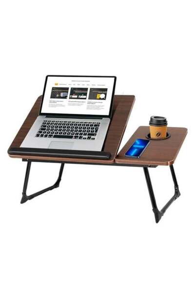 Generic Wooden Folding Laptop Table with Cup Holder and Multi-Use Side Space
