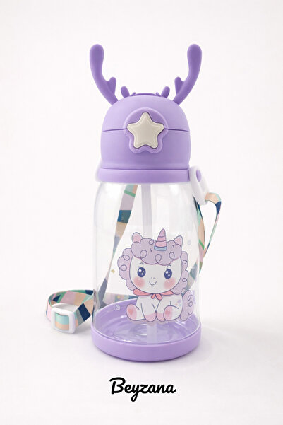 BEYZANA Mor Geyikli Su Matarası & Pipetli Su Matarası - 500 Ml
