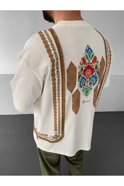 NO1 KONSEPT Εκρού Υπερμεγέθης Μπλούζα με Έθνικ Κέντημα, Πολυτελές Μποέμ Σχέδι...