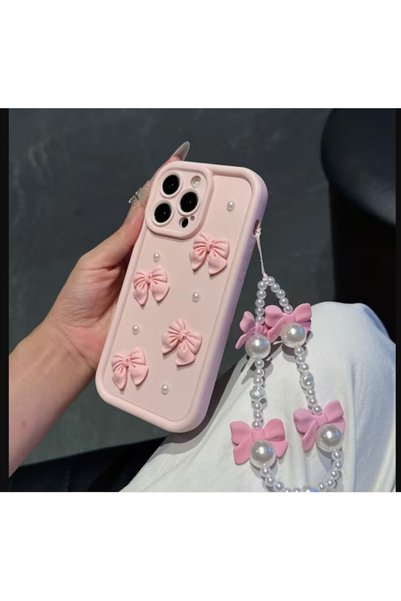 BABUN Pink iPhone Phone Case Protector with Pearl Ribbon and Ornate Charms 13 Pro 14-15-16 Pro Max