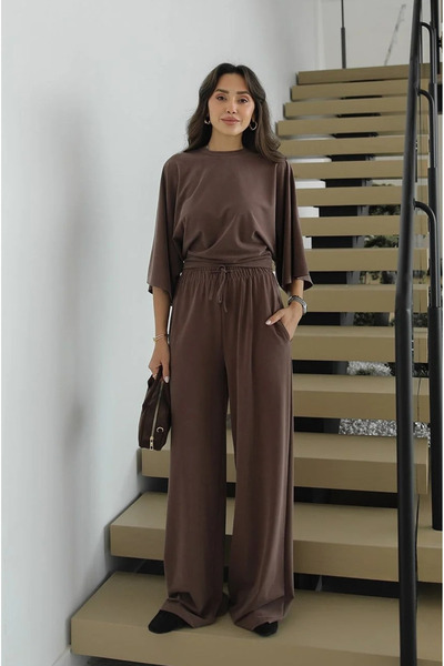 My Blog Καφέ Σετ Μπλούζα με Μανίκια Νυχτερίδα και Παντελόνι - 30432