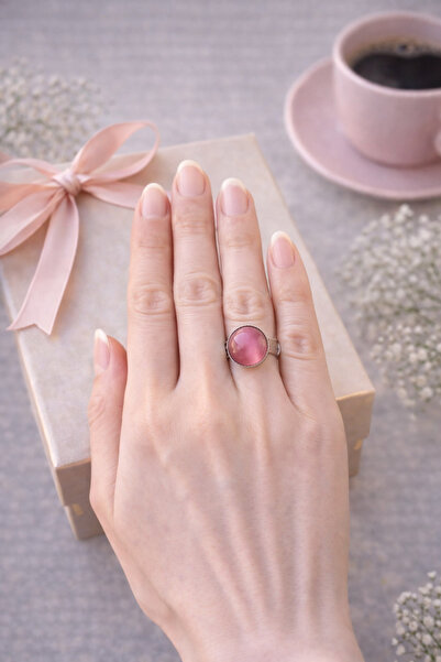 MUGUSA HEDİYELİK Pink-Colored Cat Eye Stone Minimal Silver Ring - Shines in t...