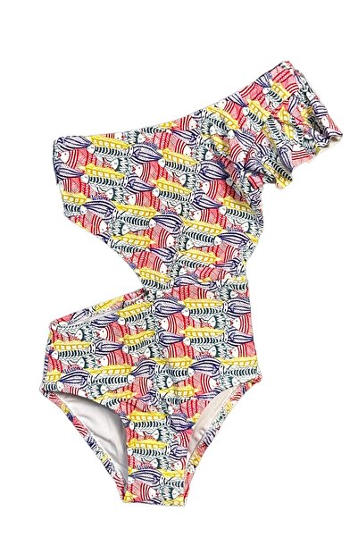 LOOK ME Colorful Fish Illustration Patterned Asymmetrical Cut-Out Girls' Swim...