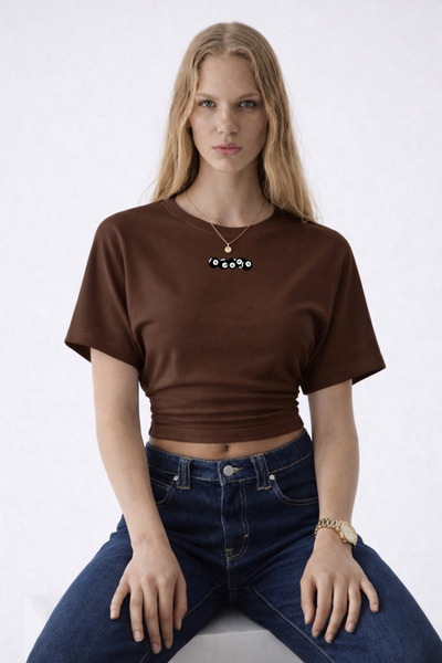 COMBİNE MİCHAİL Γυναικεία μπλούζα με στάμπα μπιλιάρδου σε καφέ χρώμα