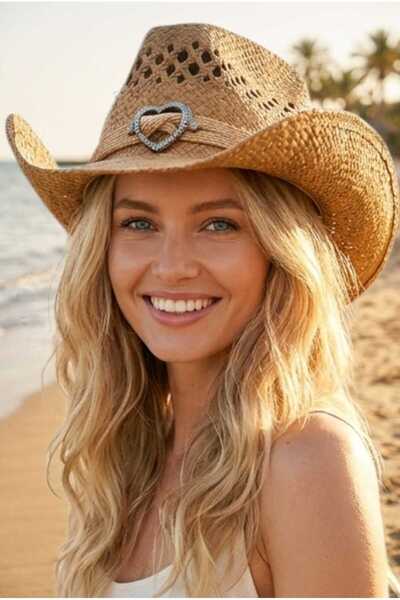 Mood Agenda Γυναικείο ψάθινο καπέλο καουμπόι με αγκράφα σε σχήμα καρδιάς, καλ...