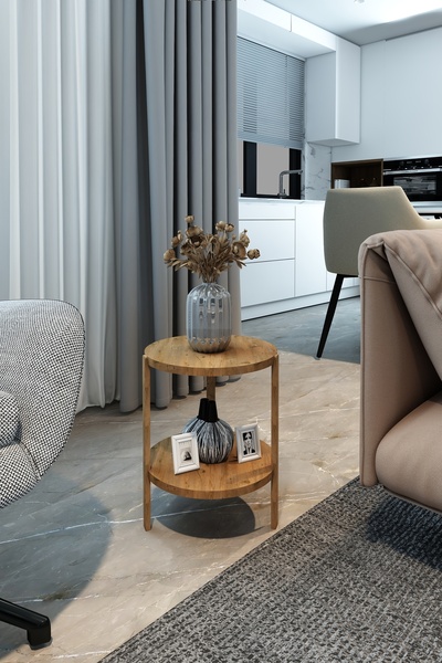 Fida Atlantik Çam 2 Katlı Yuvarlak Sehpa - Çok Amaçlı Dekoratif Yan Sehpa