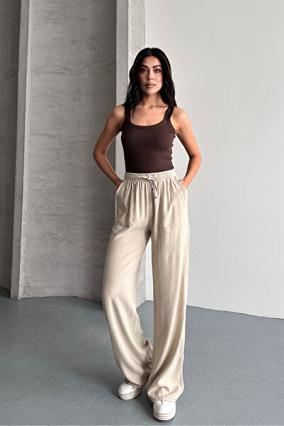 macharel jeans Γυναικείο παντελόνι παλάτσο με φαρδιά μπατζάκια και τσέπες