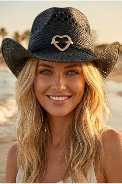 Mood Agenda Γυναικείο ψάθινο καπέλο καουμπόι με αγκράφα σε σχήμα καρδιάς, καλ...