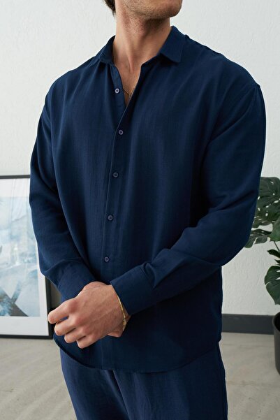 duo fideles Men's Oversize Seersucker Textured Casual Summer Shirt