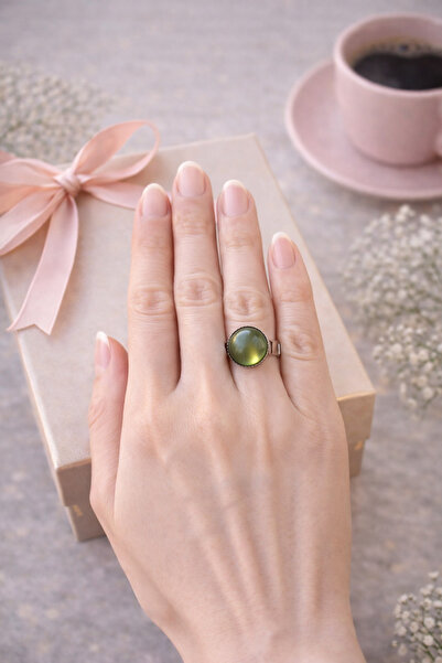MUGUSA HEDİYELİK Green Cateye Stone Minimal Silver Ring - Shines in the Light...
