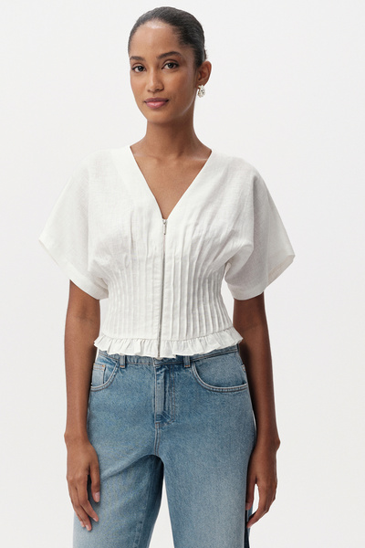 Exquise Κανονικό λινό πουκάμισο με λαιμόκοψη V και κοντό μανίκι με λεπτομέρει...