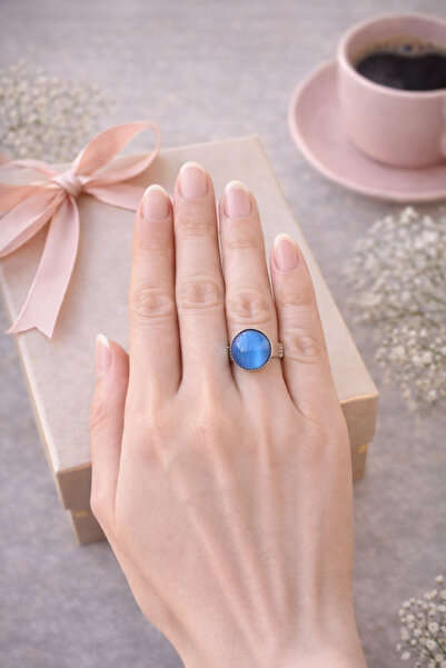 MUGUSA HEDİYELİK Blue-Colored Cat's Eye Stone Minimal Silver Ring - Glowing u...