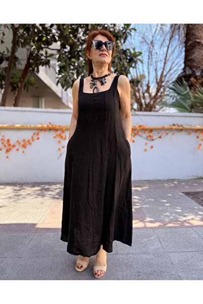 DenizEge Ιταλικό Αμάνικο Φόρεμα με Τετράγωνο Γιακά από Λινό Μαύρο