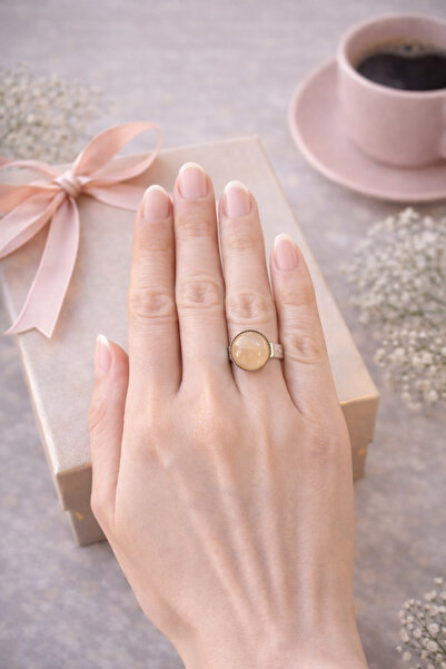 MUGUSA HEDİYELİK Peach / Powder Colored Cat Eye Stone Minimal Silver Ring - S...
