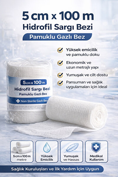 Genel Markalar 5 cm x 100 m Hidrofil Sargı Bezi Pamuklu Gazlı Bez Yüksek Emic...