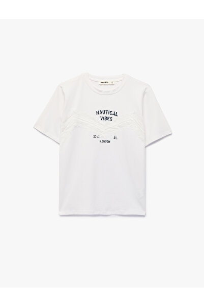 Koton Cotton Short Sleeve Crew Neck Printed T-Shirt with Lace Detail