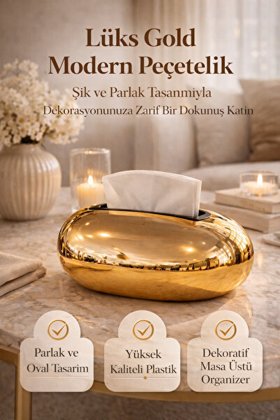 DİVAYS Gold Parlak Peçetelik Modern Dekoratif Masa Üstü Organizer Lüks Tasarım