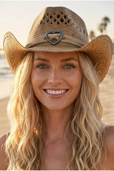 Uniquetrenders Γυναικείο ψάθινο καπέλο καουμπόι με αγκράφα σε σχήμα καρδιάς, ...