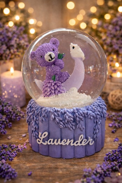 sofun Lavender Ayıcık Figürlü Işıklı Müzikli Kar Küresi Dekoratif Hediye Ara Boy
