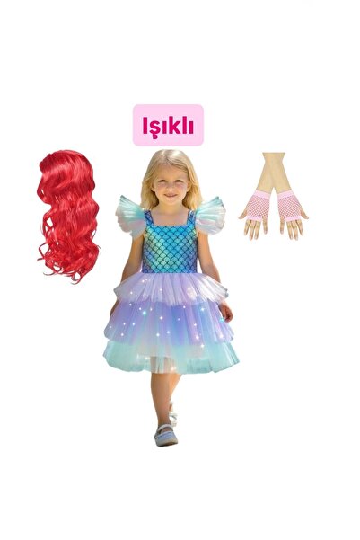 3b kids deniz kızı ışıklı kostüm elbise + kırmızı deniz kızı saç peruk + inci...