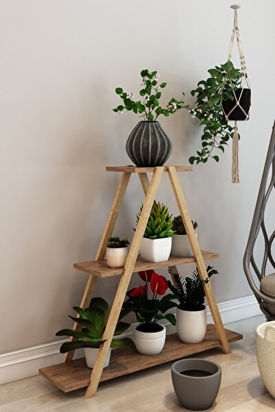 Fida Üçgen Form 3 Raflı Atlantik Çam Dekoratif Aksesuar Rafı & Çiçeklik