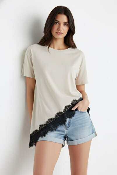 Noi Belis Πλεκτό T-Shirt με λεπτομέρεια από δαντέλα και λαιμόκοψη ποδηλάτου S...