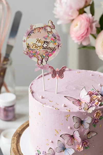 PASTRY PLANET Pasta Üstü Happy Birthday Yazısı & Kelebek Süs Pembe (2 Adet)