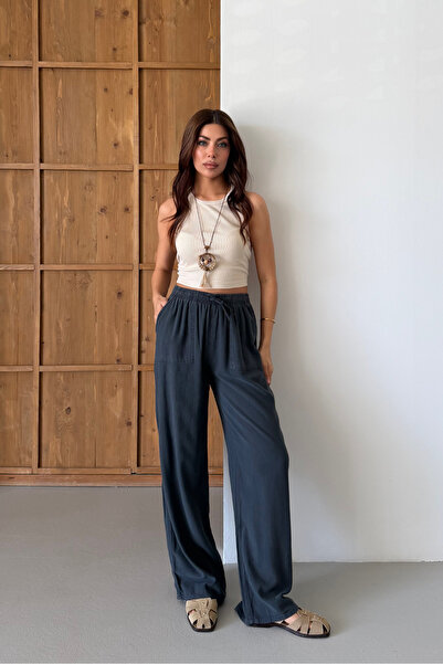 macharel jeans Γυναικείο παντελόνι παλάτσο με φαρδιά μπατζάκια και τσέπες