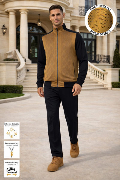 BESSA Μαύρο καφέ σετ φόρμας με ψηλό γιακά και λεπτομέρειες από σουέντ, με τσέ...