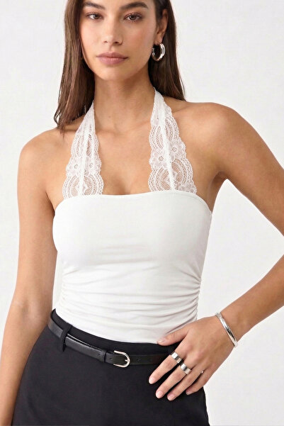 VODENS Λευκή δαντελένια μπλούζα με τιράντες, 95% βαμβάκι