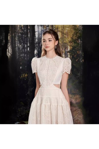 Zaghou White A-Line Dress with Lace Embroidery and Cutouts, Round Neckline